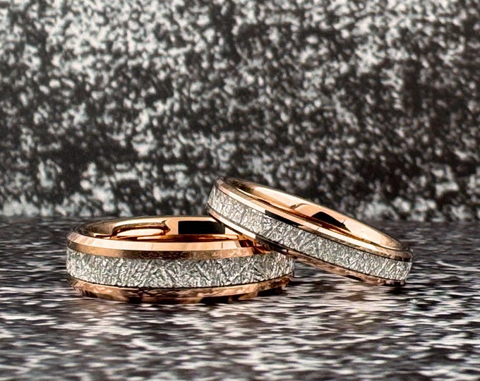 4mm 6mm 8mm Rose Gold Wedding Band with Meteorite Inlay, Rose Gold Tungsten Ring for Men Women, Meteorite Ring, Rose Gold Ring, Anniversary