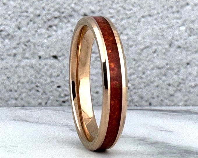 Rose Gold Tungsten Ring Red Opal Inlay Women Wedding Band 4mm Crushed Red Opal Ring Wife Anniversary Gift Personal Engraving Available