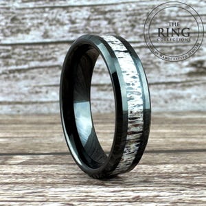 Black Tungsten Ring Deer Antler Inly Men Women Wedding Band Beveled Edge Elk Antler Ring Hunters Wedding Band 8mm 6mm 4mm Width