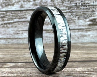 Black Tungsten Ring Deer Antler Inly Men Women Wedding Band Beveled Edge Elk Antler Ring Hunters Wedding Band 8mm 6mm 4mm Width