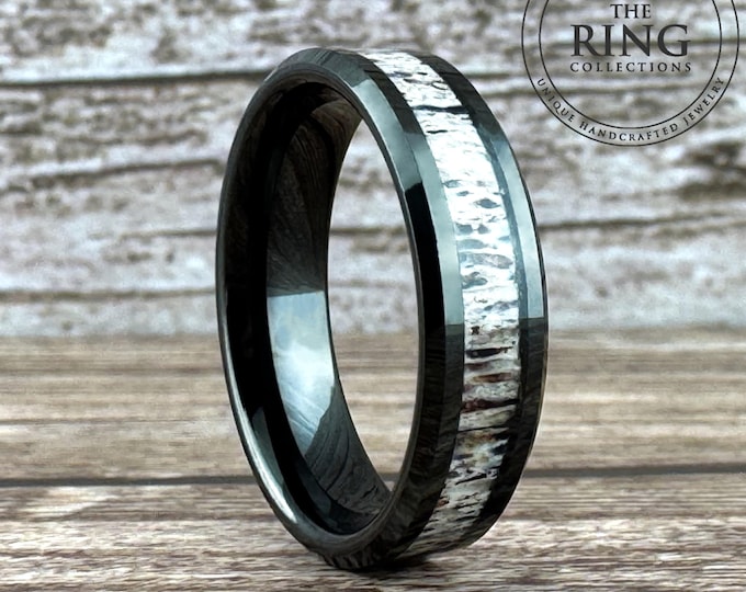 Black Tungsten Ring Deer Antler Inly Men Women Wedding Band Beveled Edge Elk Antler Ring Hunters Wedding Band 8mm 6mm 4mm Width