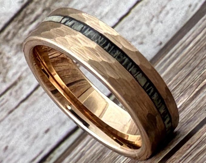 6MM 8MM Rose Gold Deer Antler Tungsten Ring Hammered Wedding Band Men Women Antler Inlay Ring Size 5 to 15 Engagement Promise Ring