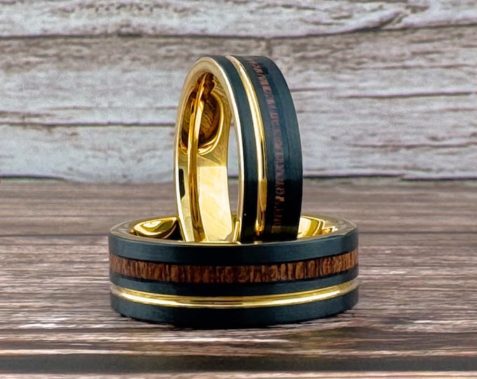 Black Gold Wood Wedding Band with Wood Inlay and Gold Groove, Black Tungsten Ring for Men Women, 6MM 8MM, Black Wood Gold Ring Band for Men