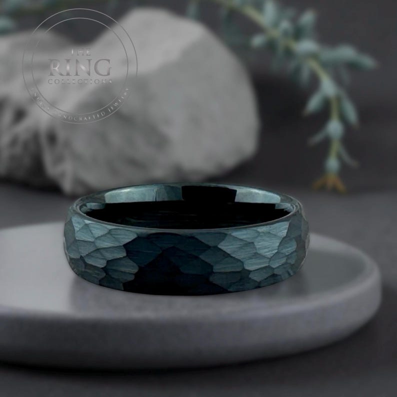 Black Hammered Tungsten Ring, Men Women Wedding Band Set, Comfort Fit image 6