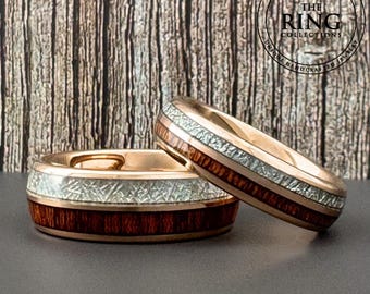 Rose Gold Tungsten Wedding Band Ring with Wood and Meteorite Inlay for Men Women, 4MM 6MM 8MM, Half Sizes Available, Domed, Comfort Fit