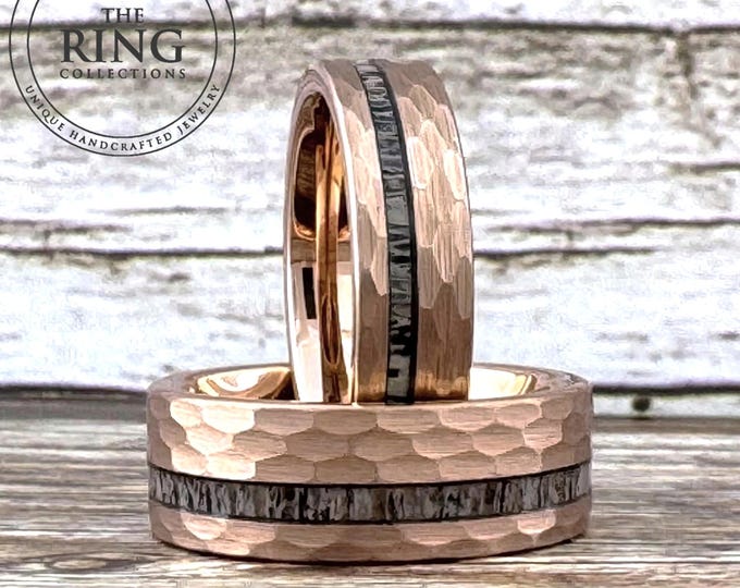 Rose Gold Hammered Ring Deer Antler Inlay Men Women Wedding Band 6MM 8MM Elk Antler Ring Tungsten Carbide Comfort Fit Anniversary Gift