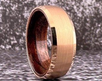 Rose Gold Tungsten Ring for Men or Women, Rose Gold and Wood Wedding Band Ring for Him Her, Tungsten Wood Ring, Rose Gold Wood Inside Ring