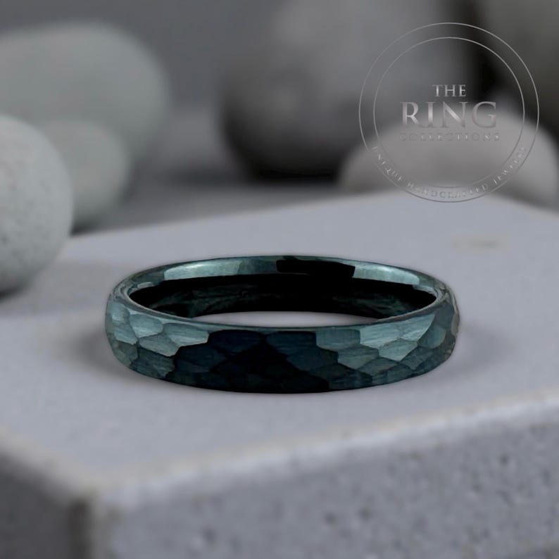 Black Hammered Tungsten Ring, Men Women Wedding Band Set, Comfort Fit image 7