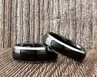 Black Tungsten Wedding Band Ring for Men Women, Polished Finish and Gray Silver Beveled Edges, Available in 6mm 8mm, Sizes 5 to 15.
