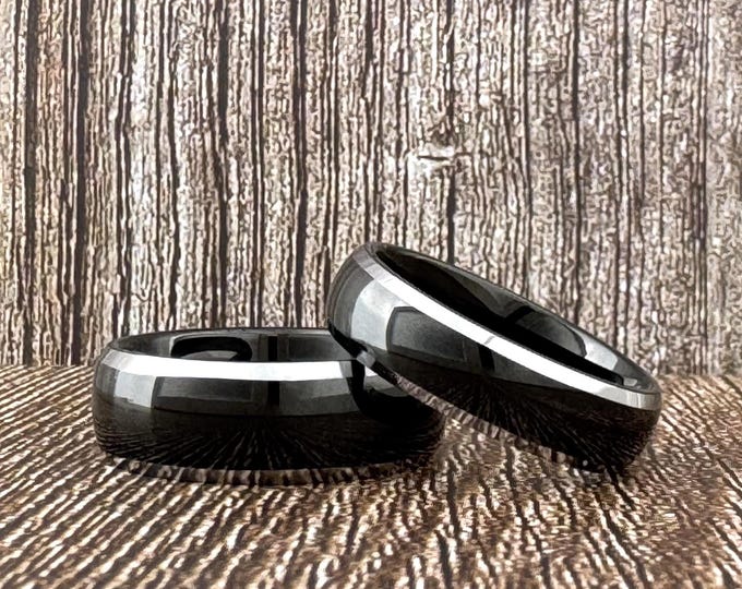 Black Tungsten Wedding Band Ring for Men Women, Polished Finish and Gray Silver Beveled Edges, Available in 6mm 8mm, Sizes 5 to 15.