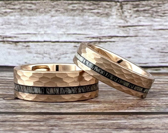 Rose Gold Hammered Tungsten Ring, Deer Antler Inlay, 6MM, 8MM, Comfort Fit, Size 5 to 15, Rose Gold Wedding Band Men Women, Deer Antler Ring