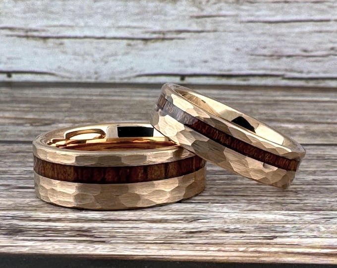 Rose Gold Hammered Wedding Band for Men Women, Tungsten Ring with Wood Inlay, 4MM, 6MM, 8MM, Tungsten Wedding Band Men Women, Wood Ring Band