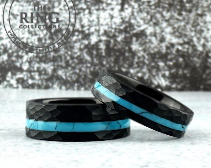 Black Hammered Tungsten Ring with Turquoise Inlay, Black Wedding Band Men Women, Turquoise Ring Wedding Band, 4MM 6MM 8MM, Christmas Gift