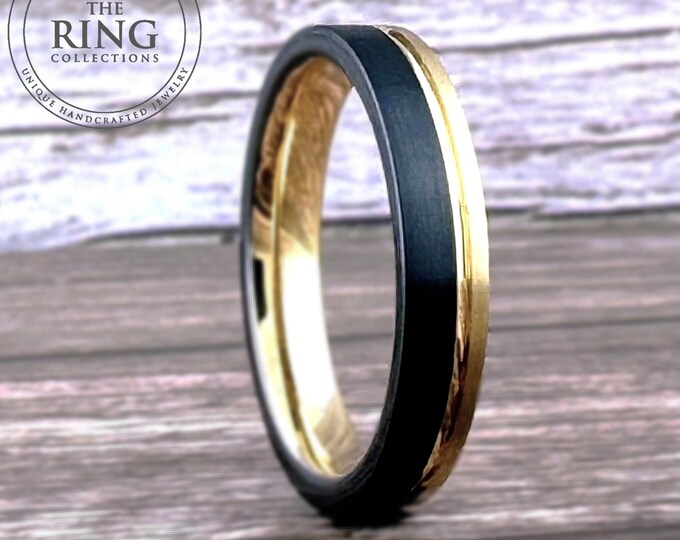 Black & Gold Tungsten Wedding Band - Brushed Two Tone Comfort Fit