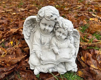Concrete Angels Reading Statue: Garden Cherub Ornament