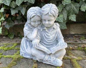 Concrete Kids Reading Statue: Garden Sculpture, Yard Art