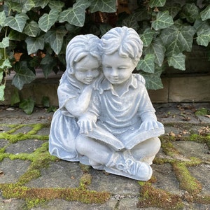 Concrete Kids Reading Statue: Garden Sculpture, Yard Art