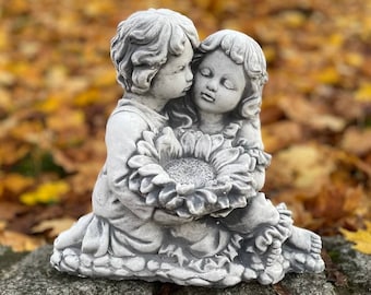 Concrete Kids Statue with Sunflower: Garden Sculpture, Outdoor Ornament