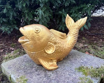 Golden Fish Concrete Fountain Statue, Outdoor Pond Decor, Cement Yard Art