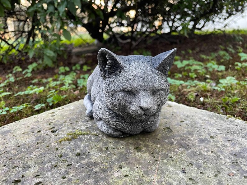 Puede incluir: Una escultura de hormig&oacute;n gris de un gato durmiendo con los ojos cerrados. La escultura est&aacute; sentada sobre una superficie de piedra gris.