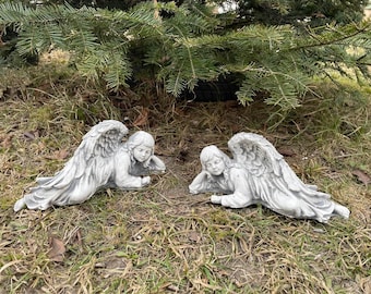 Set of 2 Concrete Baby Angel Statues: Outdoor Garden Decor