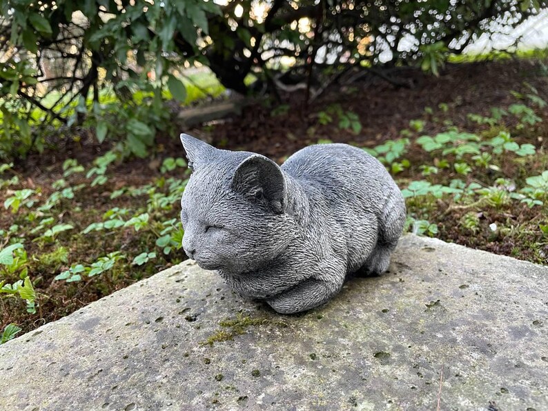 Puede incluir: Una estatua de gato de hormig&oacute;n gris con los ojos cerrados, enroscada en posici&oacute;n de dormir. La estatua est&aacute; sentada sobre una superficie de piedra gris.