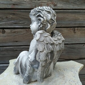 May include: A gray stone cherub statue with wings, sitting on a white stone base. The cherub has a detailed face and curly hair.