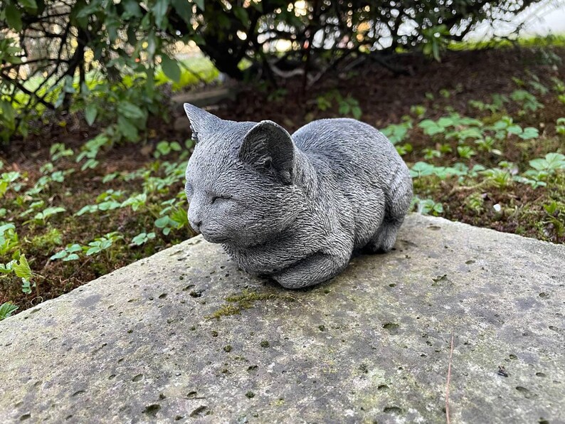 Puede incluir: Una escultura de gato de hormig&oacute;n gris con los ojos cerrados, enroscada en una posici&oacute;n de sue&ntilde;o. La escultura descansa sobre una superficie de piedra gris.