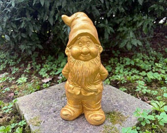 Gold Color Concrete Dwarf Statue, Outdoor Garden Decor, Stone Yard Sculpture
