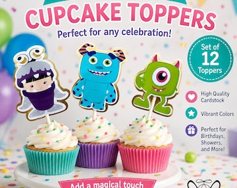 Adornos de monstruos para cupcakes, juego de 12, decoraciones para fiestas de cumpleaños infantiles, palillos de cartulina.