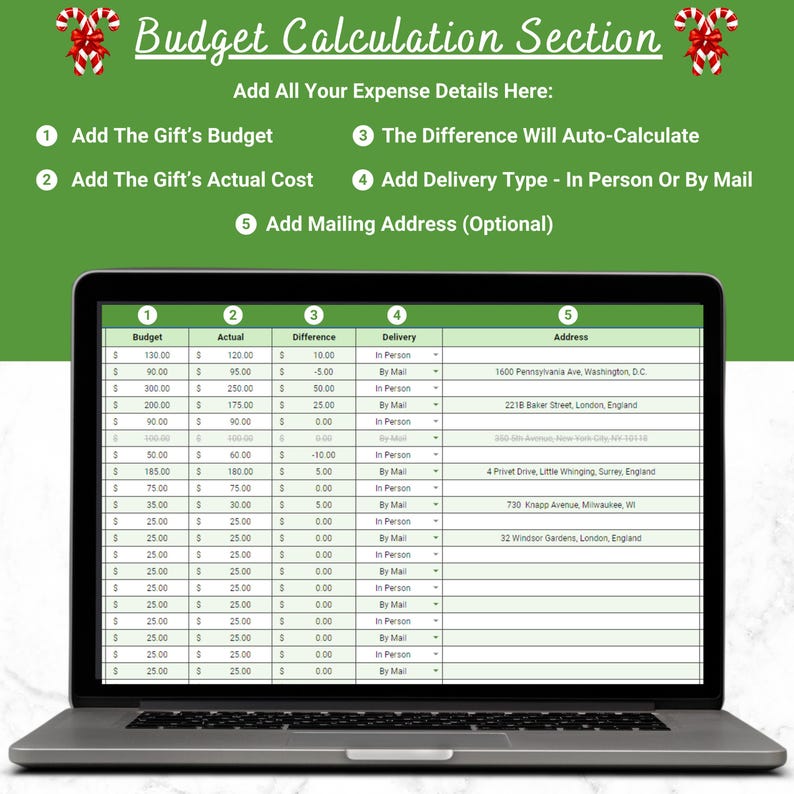 Christmas Gift List Planner, Google Sheets Editable Spreadsheet