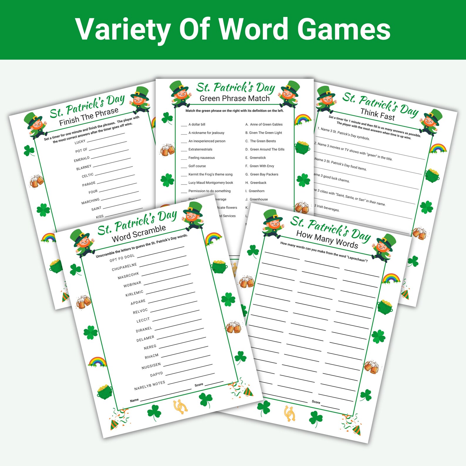 St Patricks Day Printable Party Game Bundle, Irish Party Games for ...