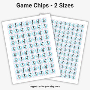 May include: Two sheets of game chips with a musical note design. Each chip features a black treble clef symbol inside a light blue circle with a pink outline. The text "Game Chips - 2 Sizes" is at the top.