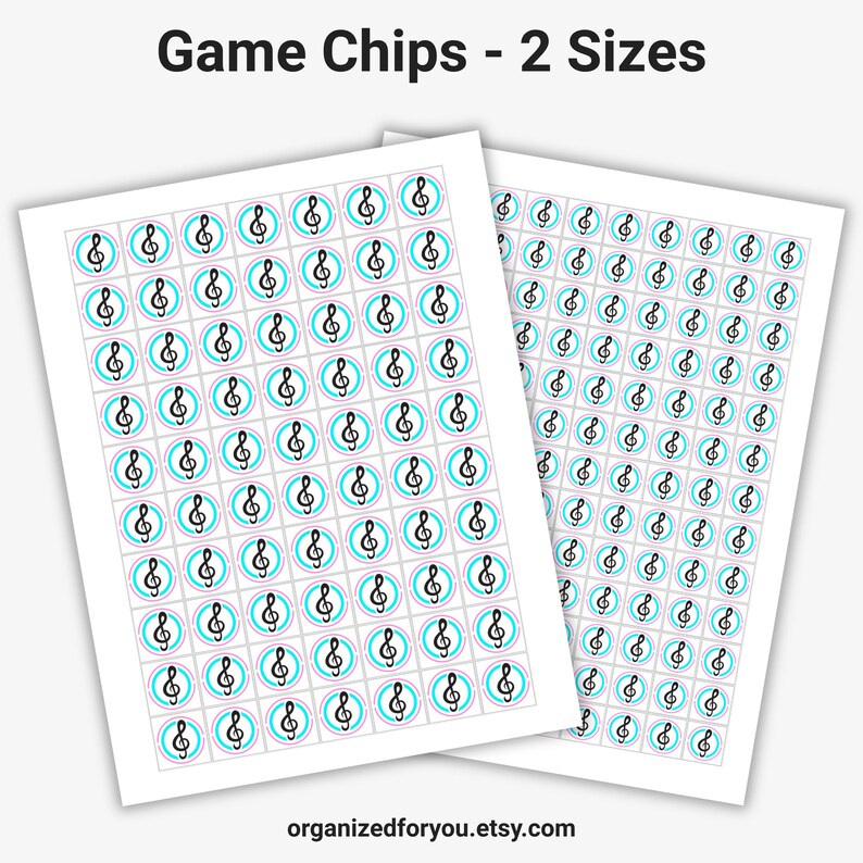 May include: Two sheets of game chips with a musical note design. Each chip features a black treble clef symbol inside a light blue circle with a pink outline. The text "Game Chips - 2 Sizes" is at the top.