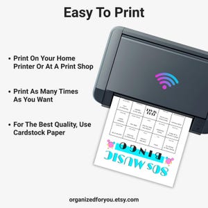 May include: A black printer with a wireless symbol prints a bingo card with the text "80s Music Bingo." The card includes bingo squares with various phrases. The image also includes the text "Easy To Print."