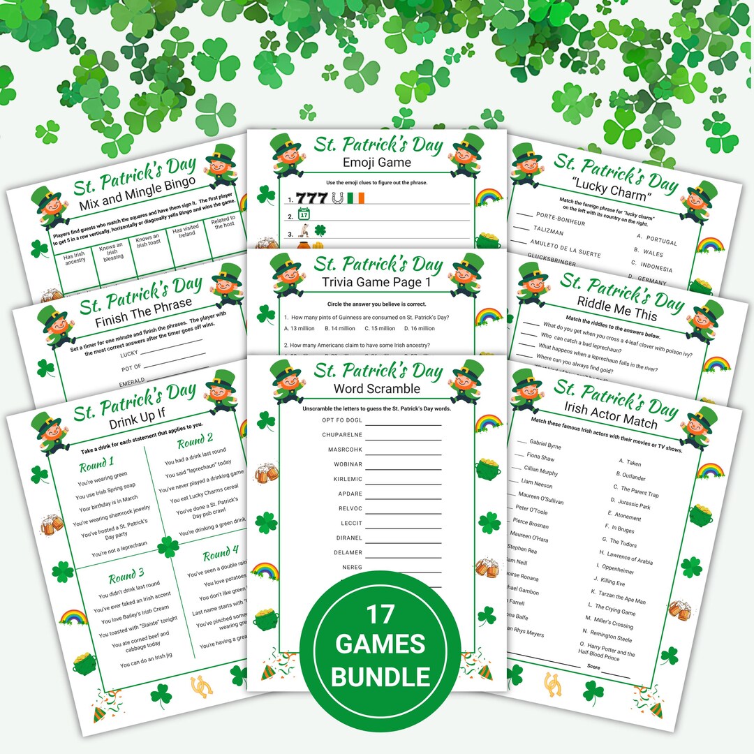St Patricks Day Printable Party Game Bundle, Irish Party Games for ...