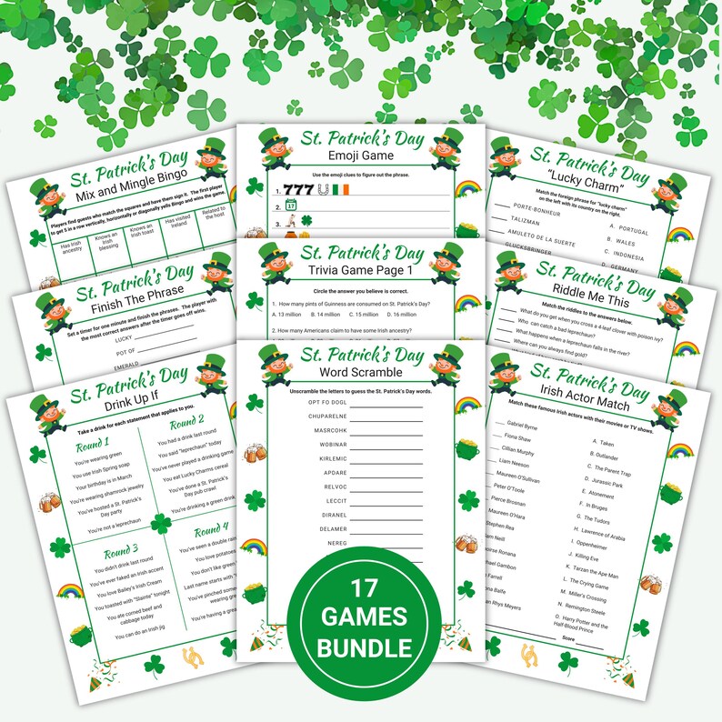 St Patricks Day Printable Party Game Bundle, Irish Party Games for ...