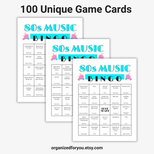 May include: Three white 80s Music Bingo game cards with a teal and pink design. The cards feature song titles and the text "100 Unique Game Cards". The Etsy shop URL is visible at the bottom.