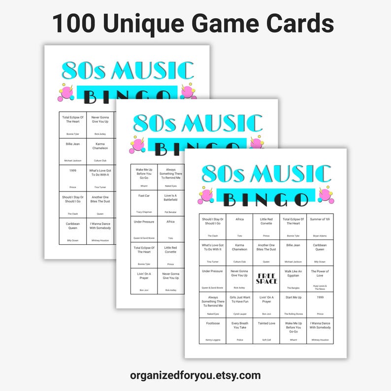 May include: Three white 80s Music Bingo game cards with a teal and pink design. The cards feature song titles and the text "100 Unique Game Cards". The Etsy shop URL is visible at the bottom.
