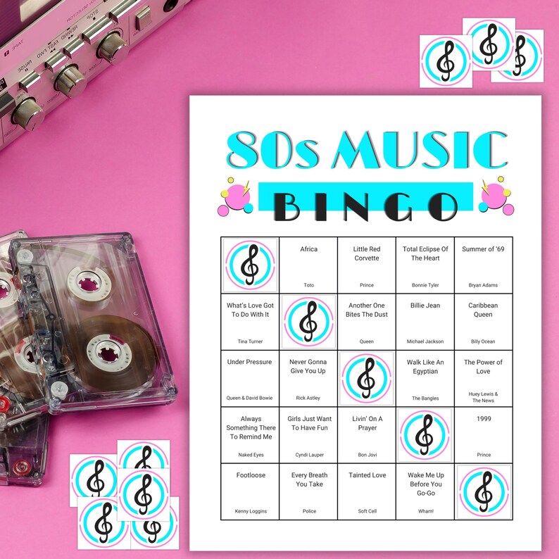 May include: A pink background with a vintage cassette player and a bingo game. The bingo card is titled "80s Music Bingo" and features music-themed graphics and song titles from the 1980s. Several music note stickers are also included.
