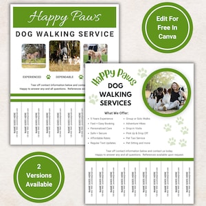 Könnte beinhalten: Ein grüner und weißer Flyer mit Pfotenabdrücken und dem Text "Happy Paws Dog Walking Services". Der Flyer listet die angebotenen Dienstleistungen auf, darunter Gruppen- oder Einzelwanderungen, Abenteuerwanderungen, Besuche vor Ort, Abholung und Abgabe, einen Haustier-Taxiservice und Betreuung von Haustieren. Der Flyer enthält auch Kontaktinformationen und den Text "Reiß die Kontaktinformationen unten ab und kontaktiere uns noch heute. Gerne beantworten wir alle deine Fragen. Referenzen sind auf Anfrage verfügbar."