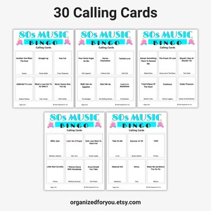 May include: A set of 30 "80s Music Bingo" calling cards. Each card features song titles and artist names from the 1980s, with a colorful design. The cards are arranged in a grid format, perfect for a themed game night.