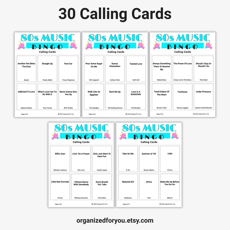May include: A set of 30 "80s Music Bingo" calling cards. Each card features song titles and artist names from the 1980s, with a colorful design. The cards are arranged in a grid format, perfect for a themed game night.