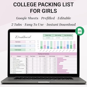College Packing List, Dorm Room Essentials, Editable Moving Checklist For College Girls, Must Haves Supplies List, Google Sheets Template