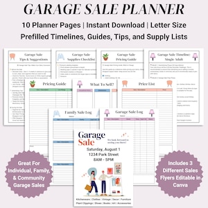 May include: A printable garage sale planner with 10 pages, instant download, and letter size. Includes prefilled timelines, guides, tips, and supply lists. Features a pricing guide, sale logs, and editable flyers. Great for individual, family, and community garage sales.