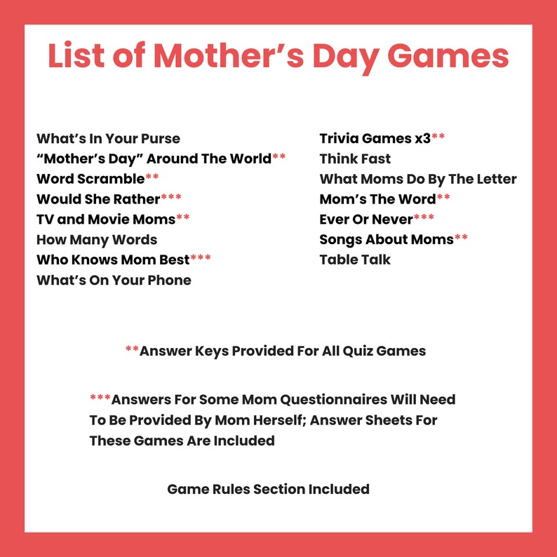 Fun Mothers Day Games, Printable Party Games, Mothers Day Activity, Mothers Day Trivia, Mothers