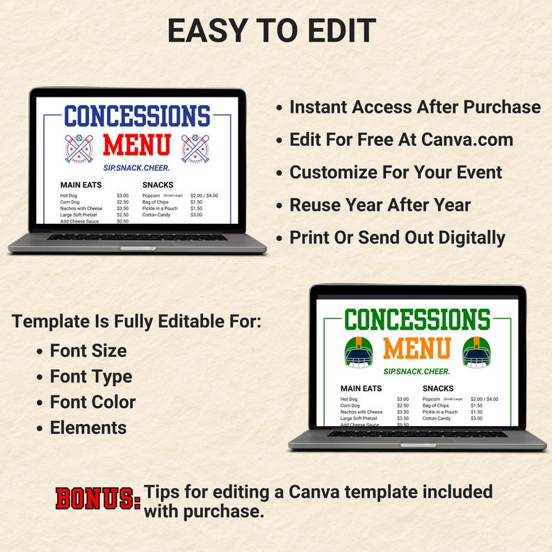Concession Stand Menu, Editable Canva Template, Customizable Table Sign ...