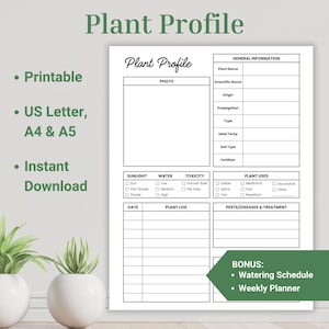 Perfil de planta, Programa de riego, Diario de cuidado de plantas, Paquete de instrucciones para el cuidado de plantas de interior, Imprimible de jardinería, Rastreador de plantas, Registro de plantas