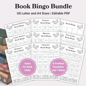 Puede incluir: Un conjunto de ocho tarjetas de bingo de libros imprimibles, cada una con un tema diferente, que incluyen ciencia ficción, fantasía, misterio, crimen real, romance, chick lit y clásico. Las tarjetas están diseñadas para ser utilizadas para clubes de lectura o desafíos de lectura individuales. Las tarjetas son en blanco y negro y presentan una pila de libros en la esquina.