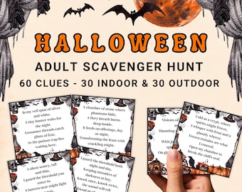 May include: A Halloween adult scavenger hunt game set featuring 60 clues, split into 30 indoor and 30 outdoor cards. The cards display black text on a white background with illustrations of bats, skulls, spiders, pumpkins, and cauldrons.